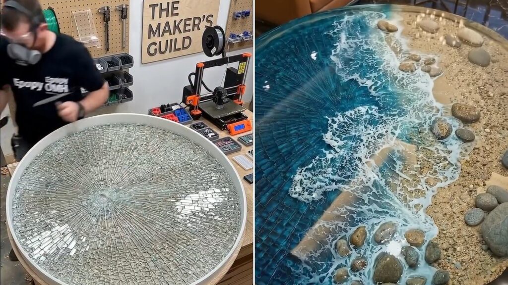 A furniture maker with a round table full of smashed glass, next to the finished ocean-themed resin coffee table, from his own Instagram reel