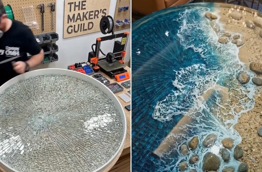 A furniture maker with a round table full of smashed glass, next to the finished ocean-themed resin coffee table, from his own Instagram reel