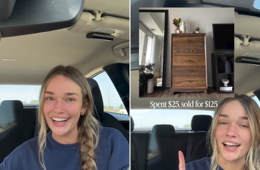A woman in her car explaining her thrifted furniture flips, next to a dresser she bought for $25 and sold for $125, from her own Instagram reel