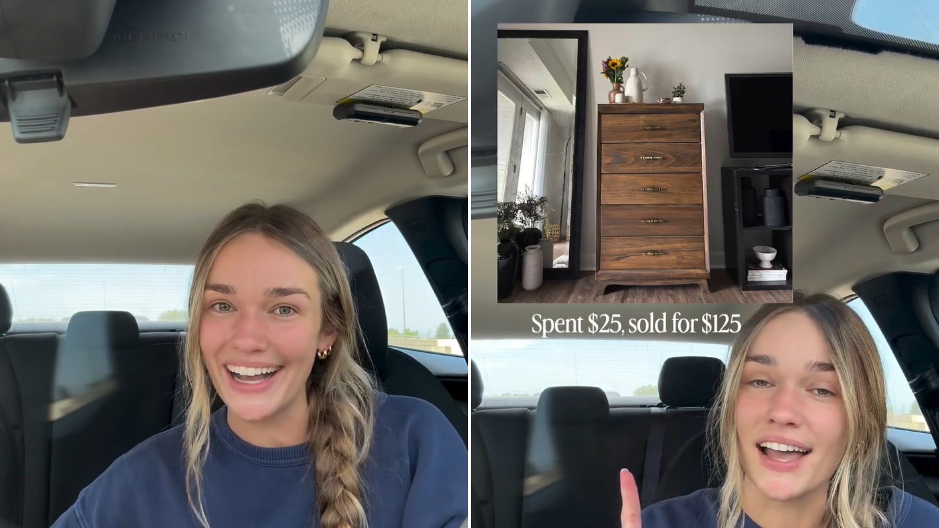 A woman in her car explaining her thrifted furniture flips, next to a dresser she bought for $25 and sold for $125, from her own Instagram reel