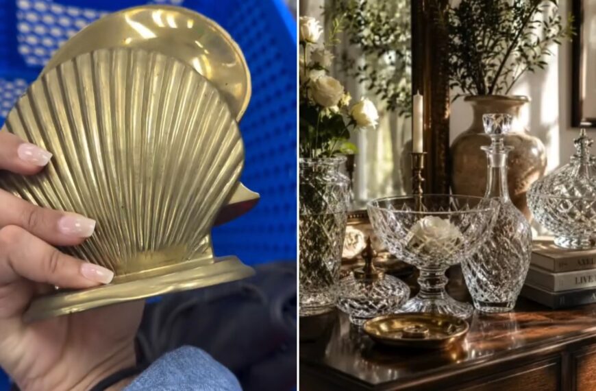 A brass shell bookend held in a thrift store cart next to the styled crystal and brass vignette it ended up in, from the creator's own Instagram reel