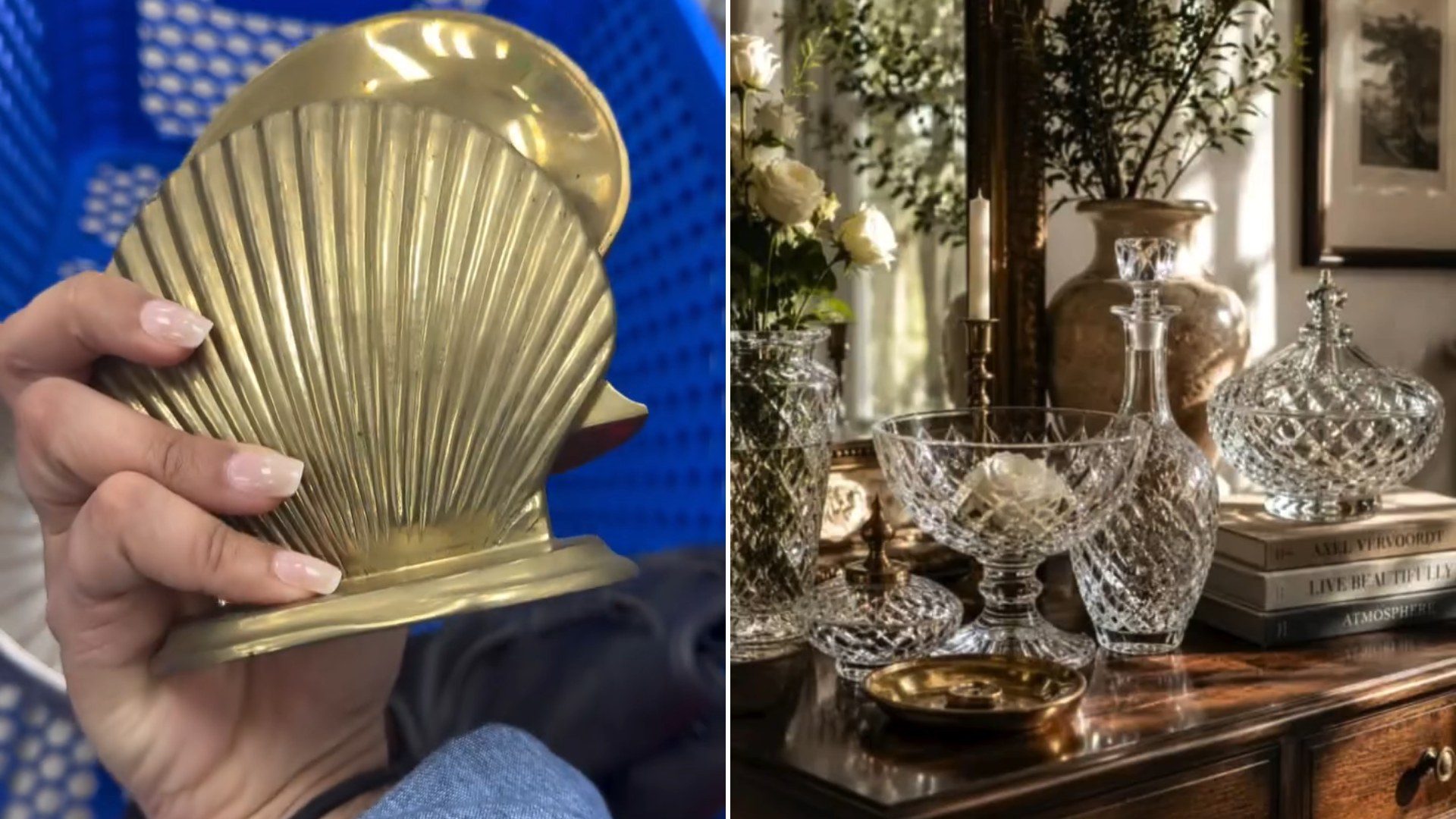A brass shell bookend held in a thrift store cart next to the styled crystal and brass vignette it ended up in, from the creator's own Instagram reel