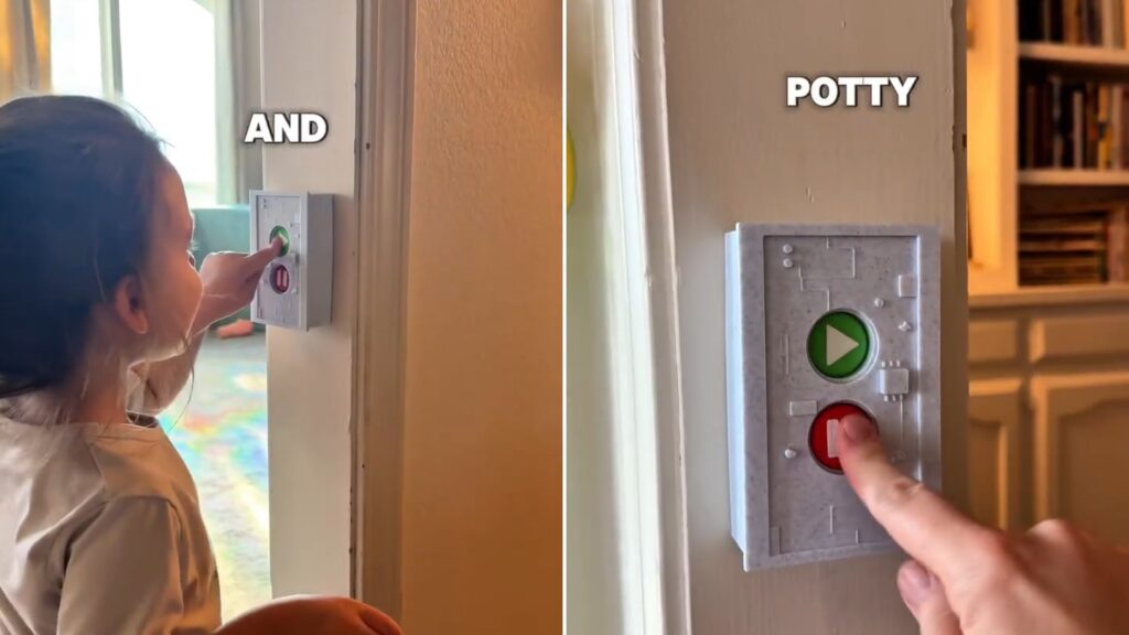 A toddler pressing a homemade wall-mounted pause button next to a close-up of the button, from the creator's own Instagram reel