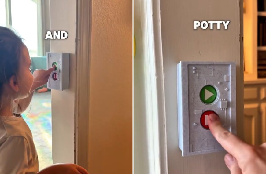 A toddler pressing a homemade wall-mounted pause button next to a close-up of the button, from the creator's own Instagram reel