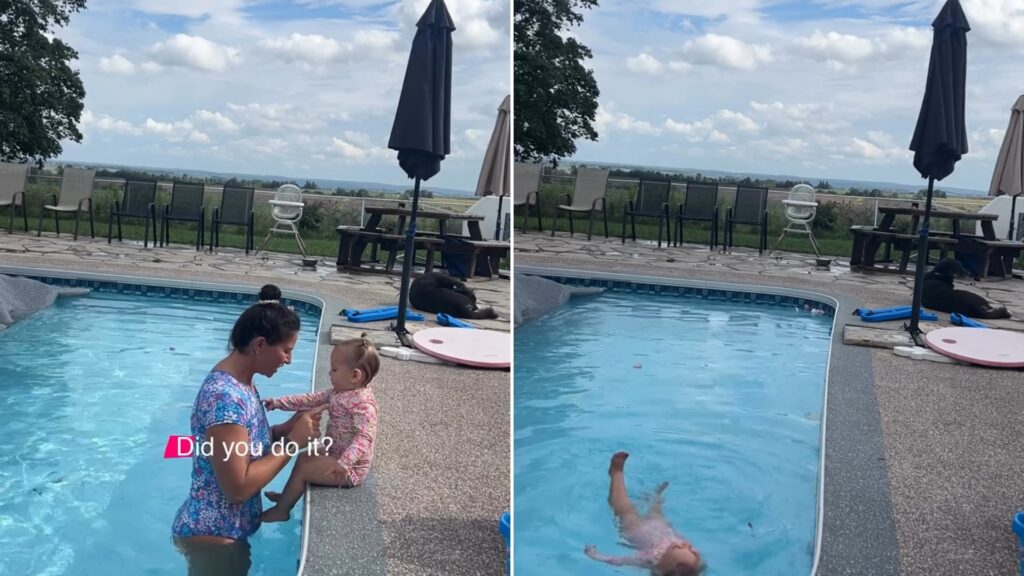 A mother holding her toddler at the edge of a backyard pool, next to the toddler floating calmly on her back, from the parent's own Instagram reel