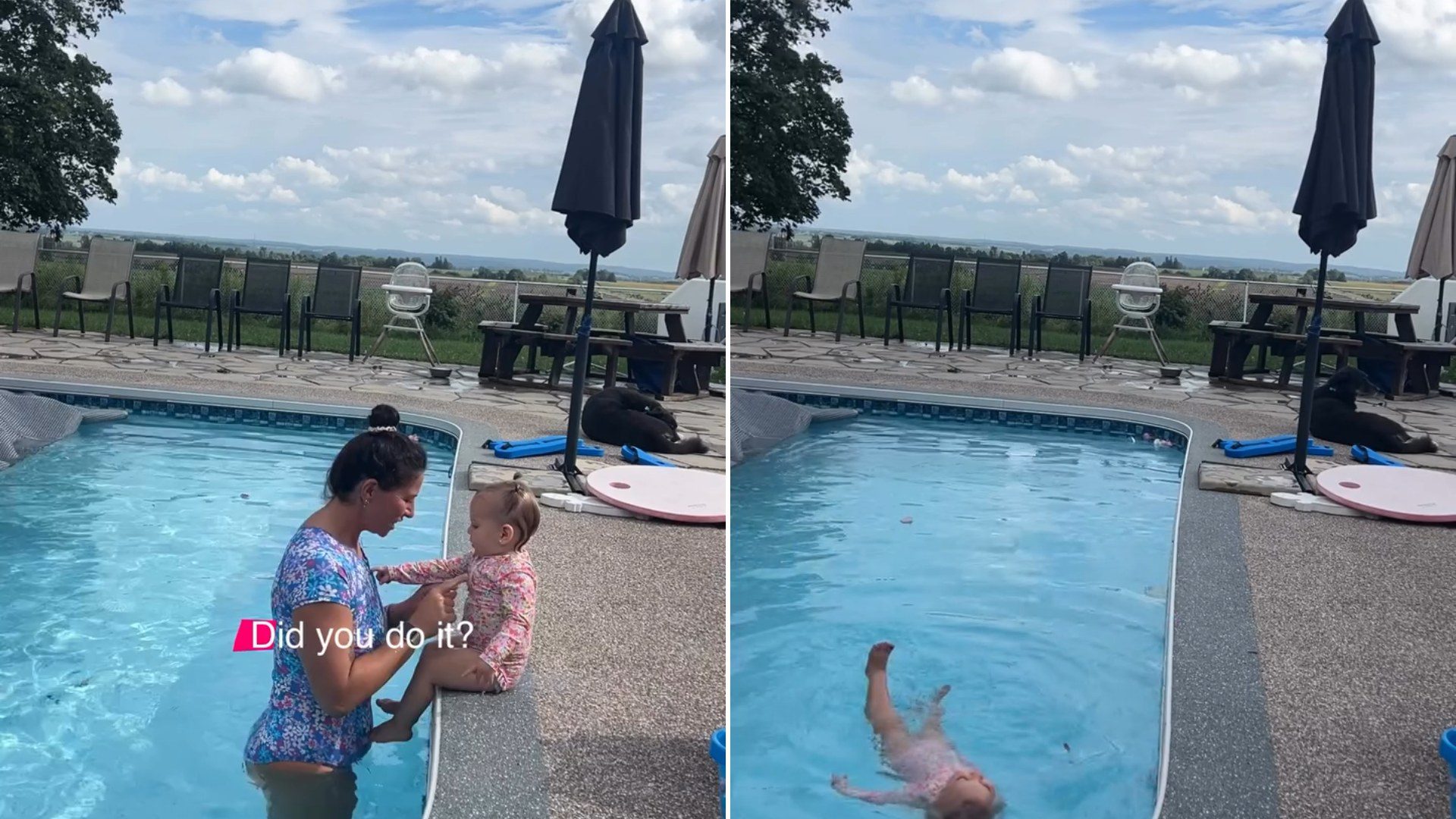 A mother holding her toddler at the edge of a backyard pool, next to the toddler floating calmly on her back, from the parent's own Instagram reel