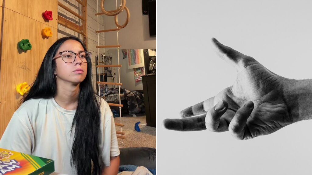 Split image: a woman with long dark hair and glasses sits in front of a climbing wall and rope ladder in a playroom, next to a black-and-white photo of a hand making a sign-language gesture