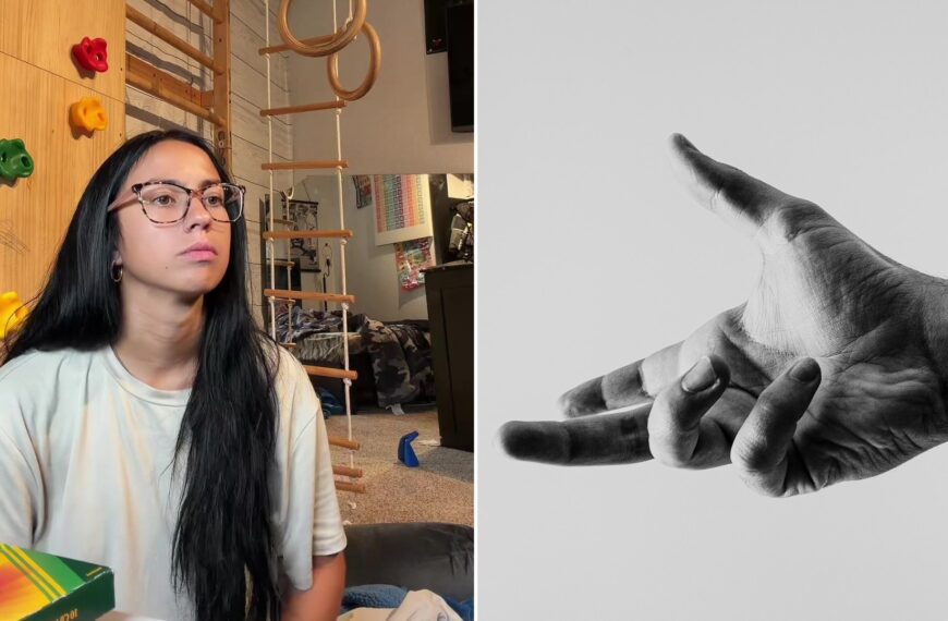 Split image: a woman with long dark hair and glasses sits in front of a climbing wall and rope ladder in a playroom, next to a black-and-white photo of a hand making a sign-language gesture
