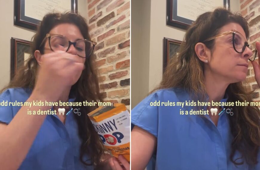 Pediatric dentist in scrubs listing the odd rules her kids have because their mom is a dentist