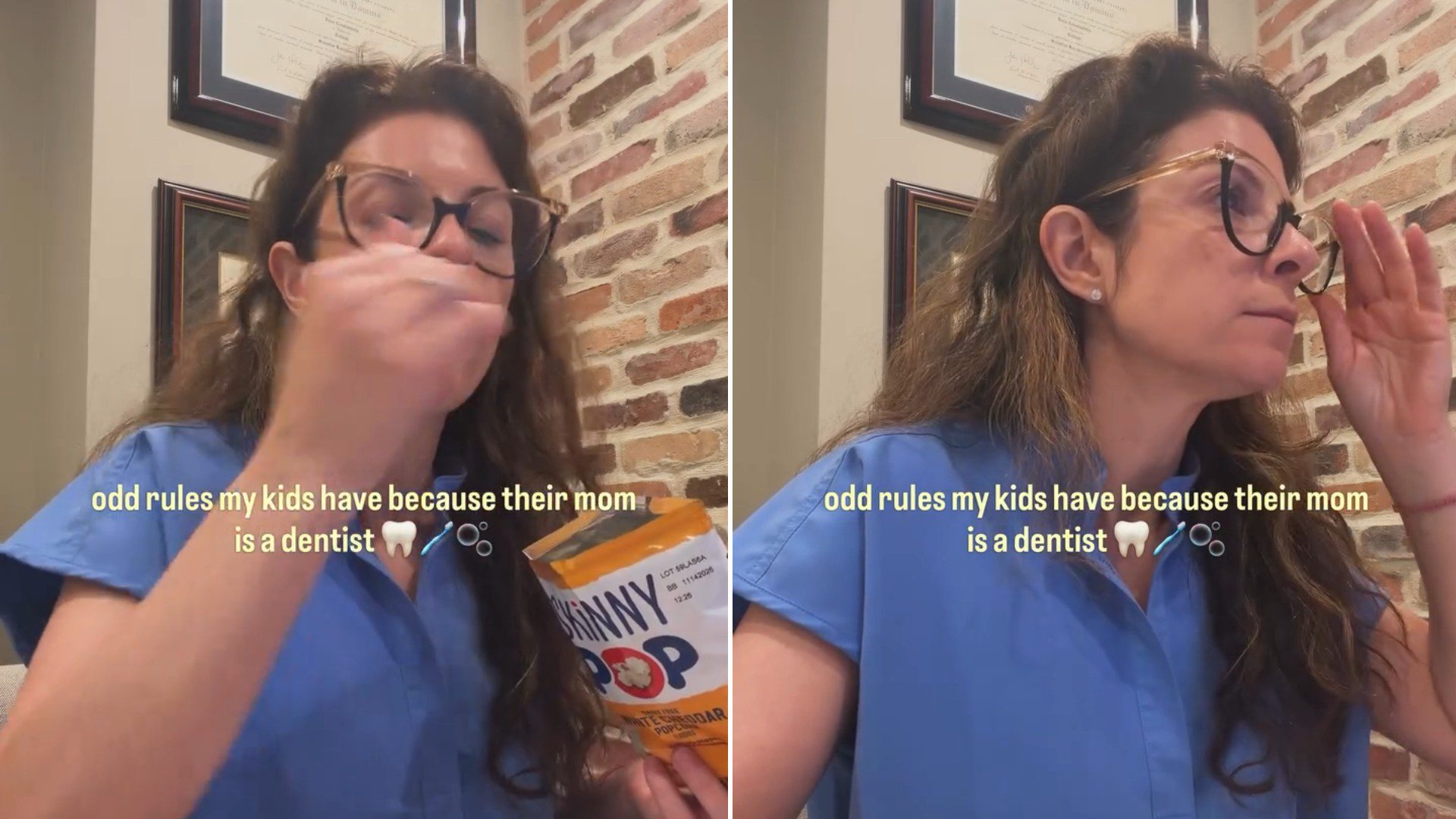 Pediatric dentist in scrubs listing the odd rules her kids have because their mom is a dentist