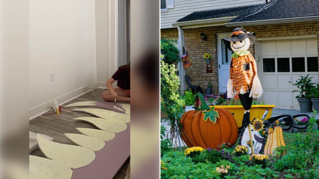 Left: TikTok still of a person crouched on the floor beside cardboard monster teeth. Right: a scarecrow and pumpkins in a decorated front yard (Unsplash photo by Hiroko Nishimura).
