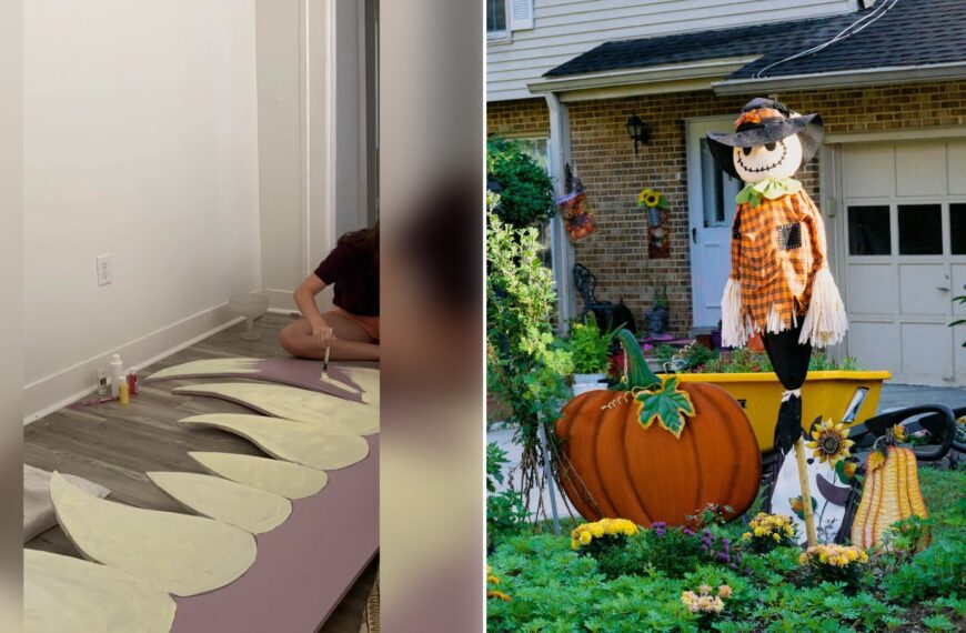 Left: TikTok still of a person crouched on the floor beside cardboard monster teeth. Right: a scarecrow and pumpkins in a decorated front yard (Unsplash photo by Hiroko Nishimura).