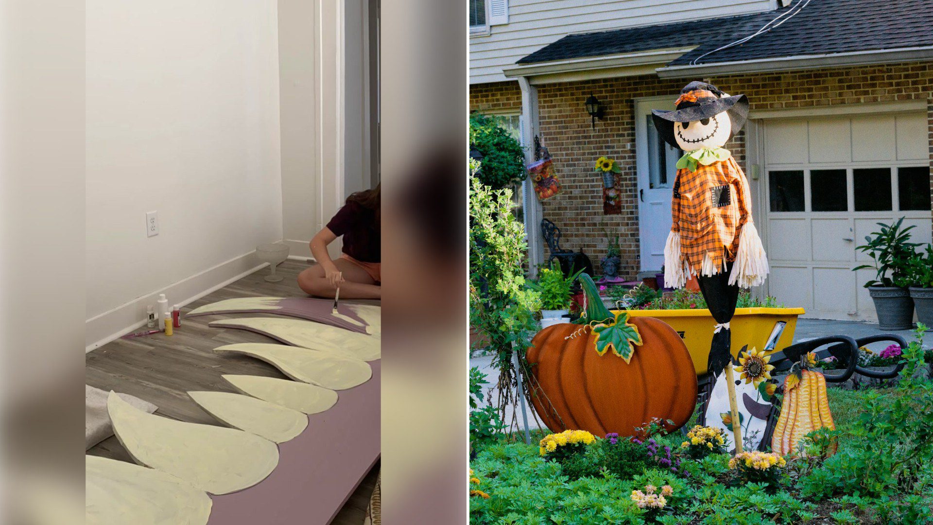 Left: TikTok still of a person crouched on the floor beside cardboard monster teeth. Right: a scarecrow and pumpkins in a decorated front yard (Unsplash photo by Hiroko Nishimura).