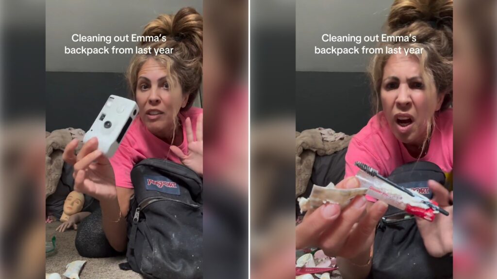 Two moments from an Instagram reel: a mom pulling items out of a backpack, then holding one up in disgust.