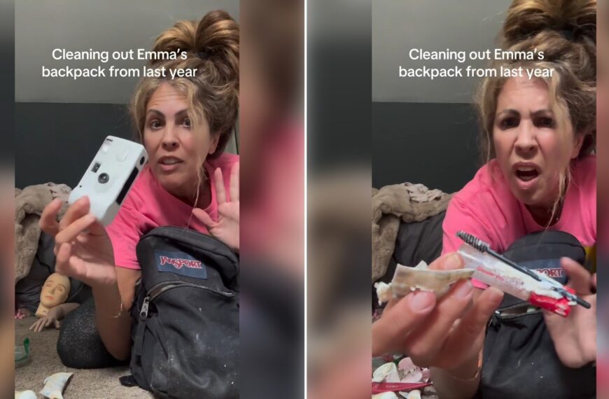 Two moments from an Instagram reel: a mom pulling items out of a backpack, then holding one up in disgust.