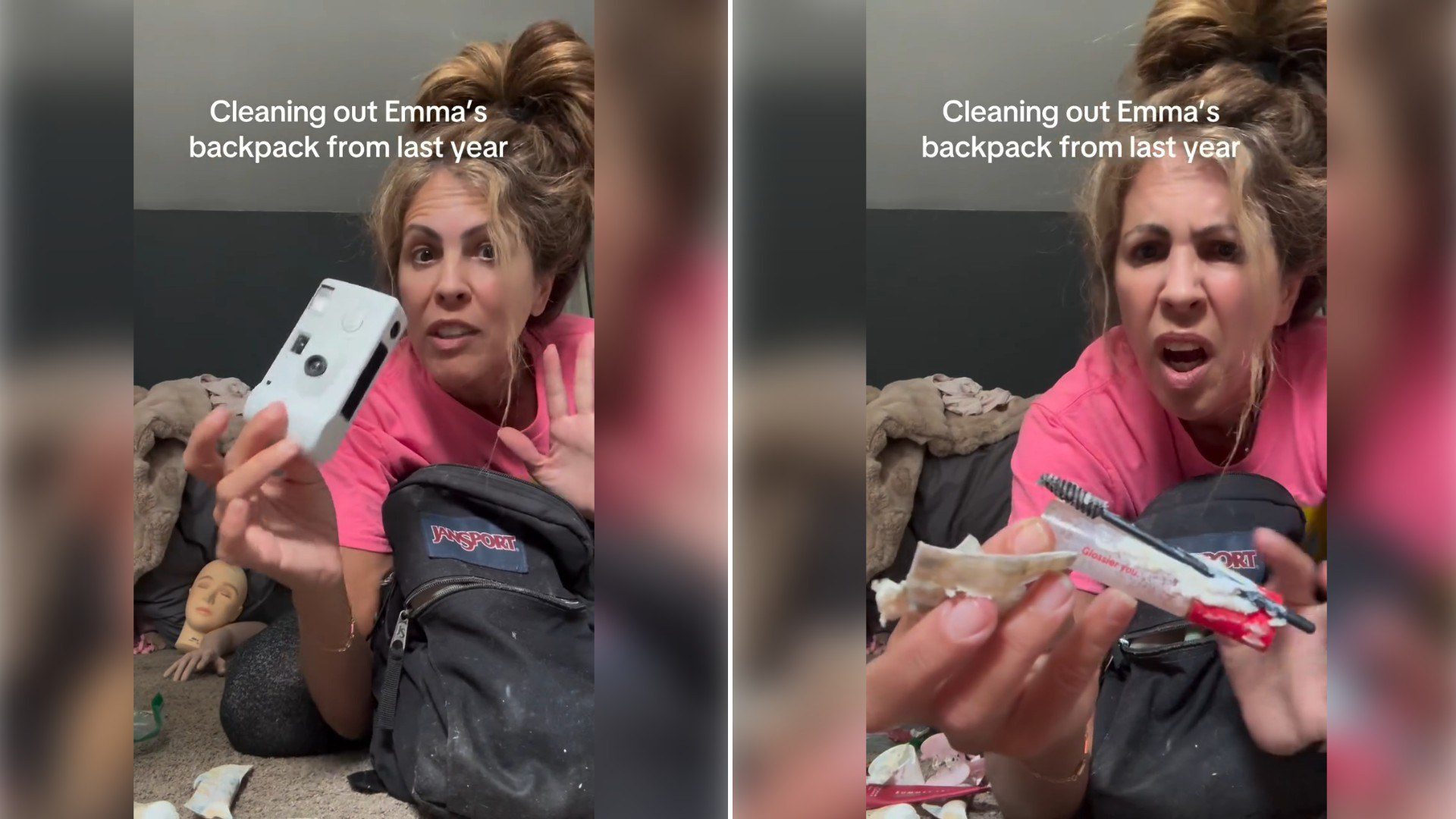 Two moments from an Instagram reel: a mom pulling items out of a backpack, then holding one up in disgust.