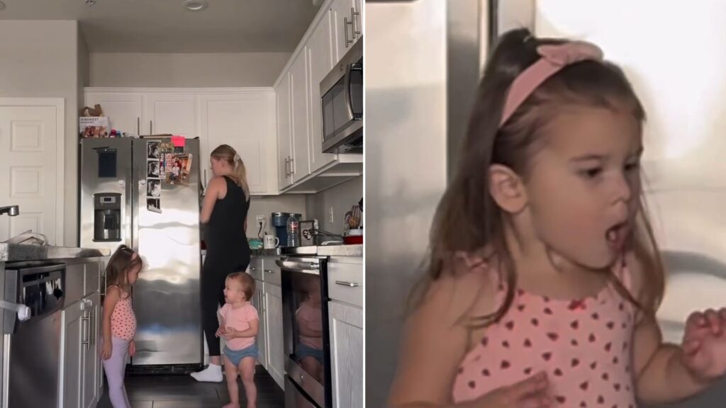 Two moments from an Instagram reel: a mom in the kitchen with two toddlers, then a toddler close-up.