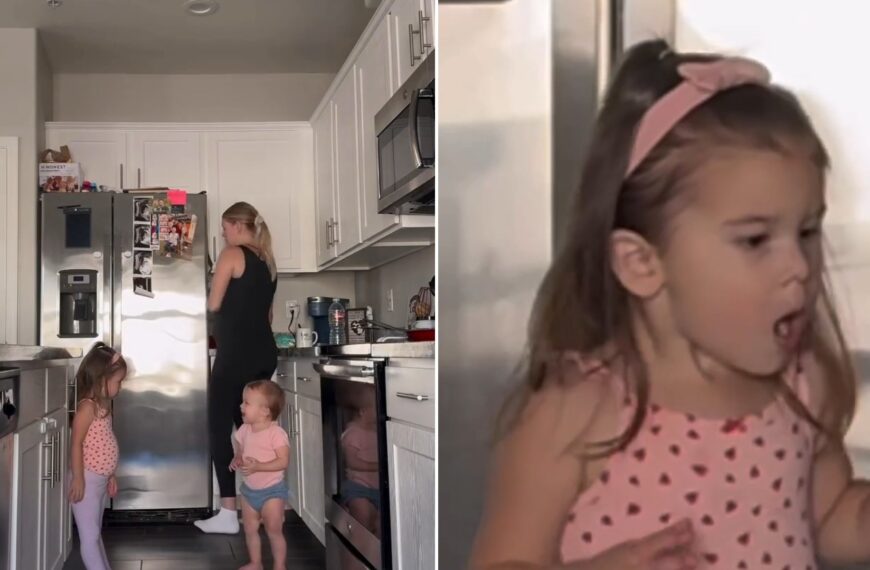 Two moments from an Instagram reel: a mom in the kitchen with two toddlers, then a toddler close-up.