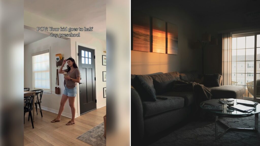 Left: Instagram reel still of a mom walking to the front door. Right: a quiet living room (Unsplash photo by Christian Lambert).
