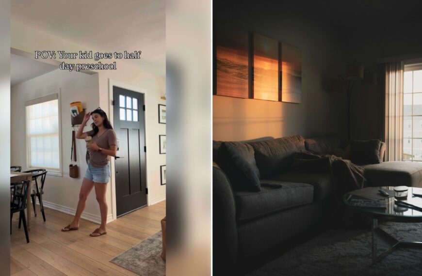 Left: Instagram reel still of a mom walking to the front door. Right: a quiet living room (Unsplash photo by Christian Lambert).