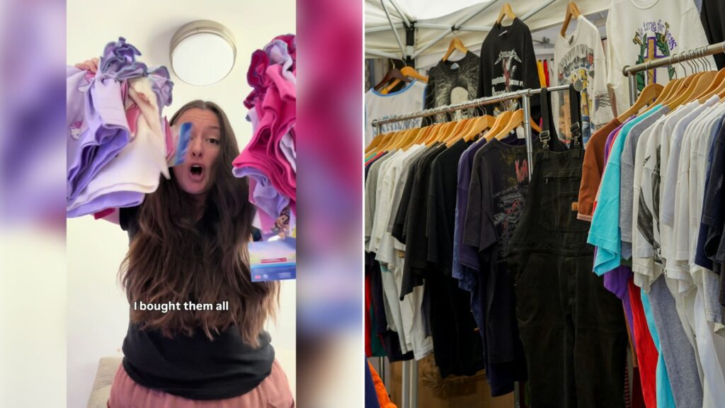 Left: TikTok still of a woman holding up clearance shirts. Right: shirts on a clothing rack (Unsplash photo by Anastasiya Badun).