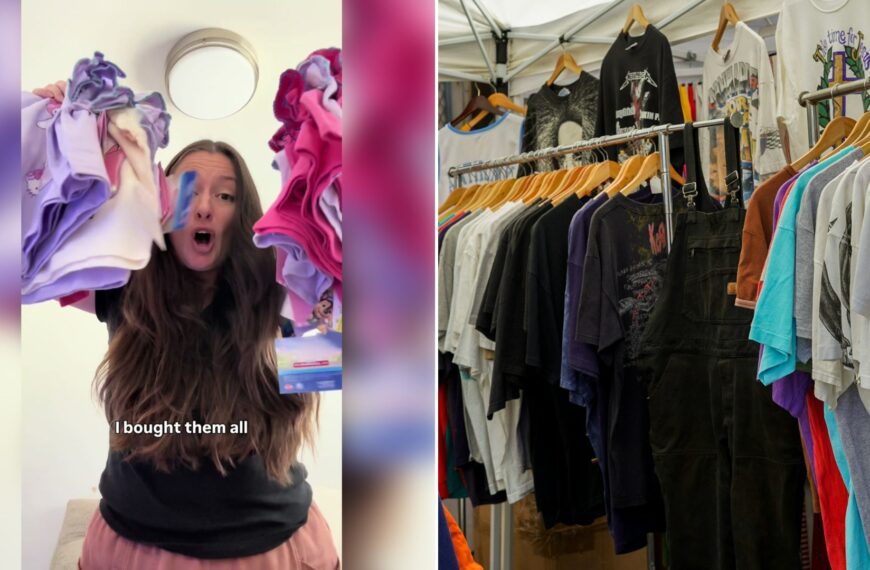 Left: TikTok still of a woman holding up clearance shirts. Right: shirts on a clothing rack (Unsplash photo by Anastasiya Badun).