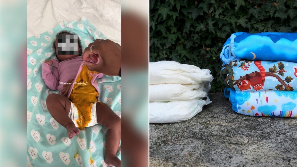 Left: TikTok still of a baby on a changing pad after a diaper blowout. Right: a stack of diapers (Unsplash photo by Šárka Hyková).