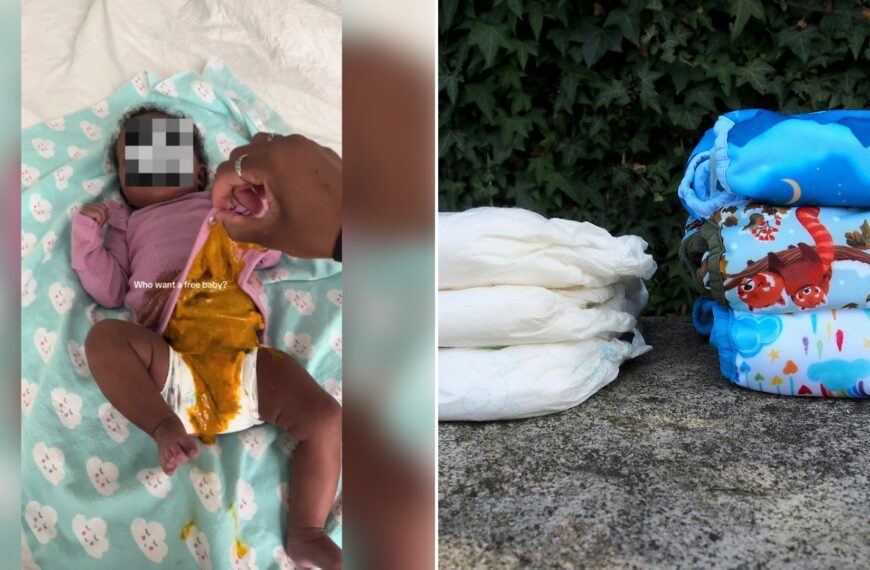 Left: TikTok still of a baby on a changing pad after a diaper blowout. Right: a stack of diapers (Unsplash photo by Šárka Hyková).