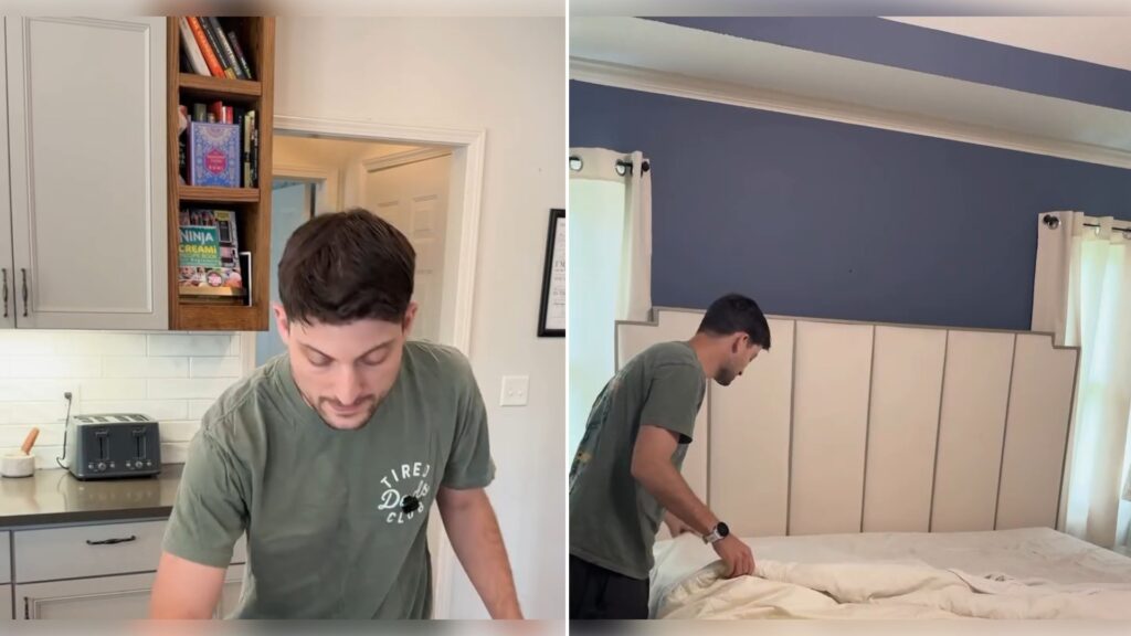 Two moments from an Instagram reel: a dad wiping the table, then making the bed.