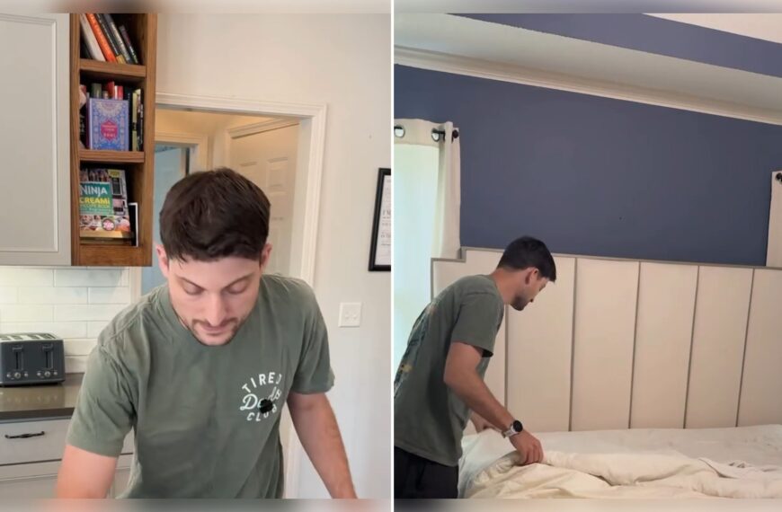 Two moments from an Instagram reel: a dad wiping the table, then making the bed.