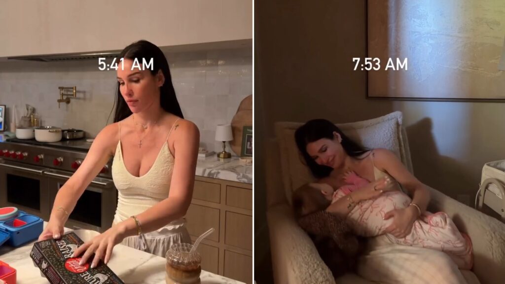 Two moments from an Instagram reel: a mom in the kitchen at 5:41 AM, then resting with her baby at 7:53 AM.