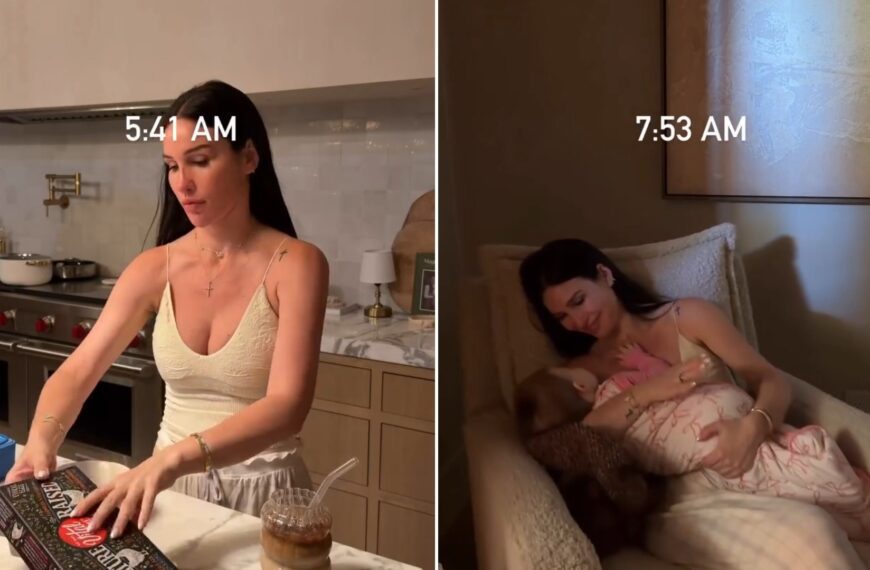 Two moments from an Instagram reel: a mom in the kitchen at 5:41 AM, then resting with her baby at 7:53 AM.