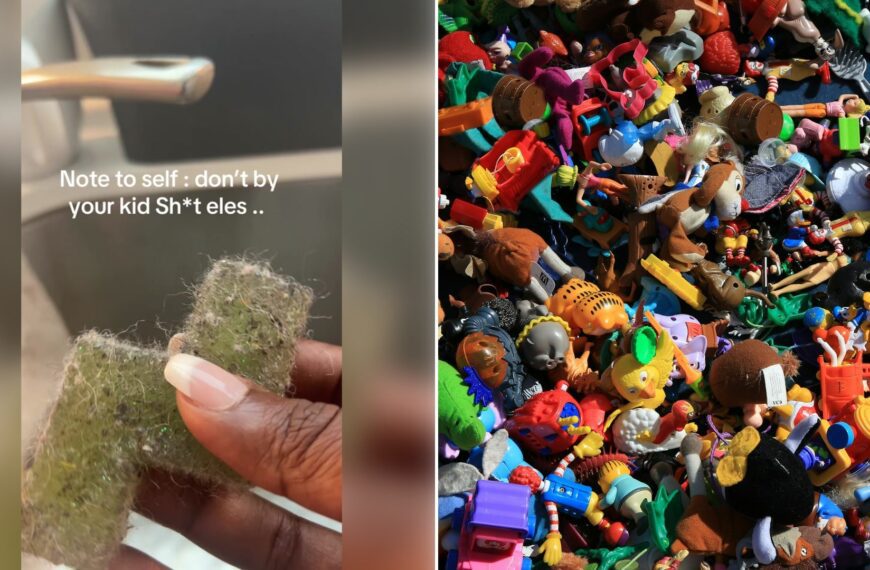 Left: TikTok still of a hand holding a stained scrubbing pad. Right: a pile of colorful plastic toys (Unsplash photo by Nareeta Martin).