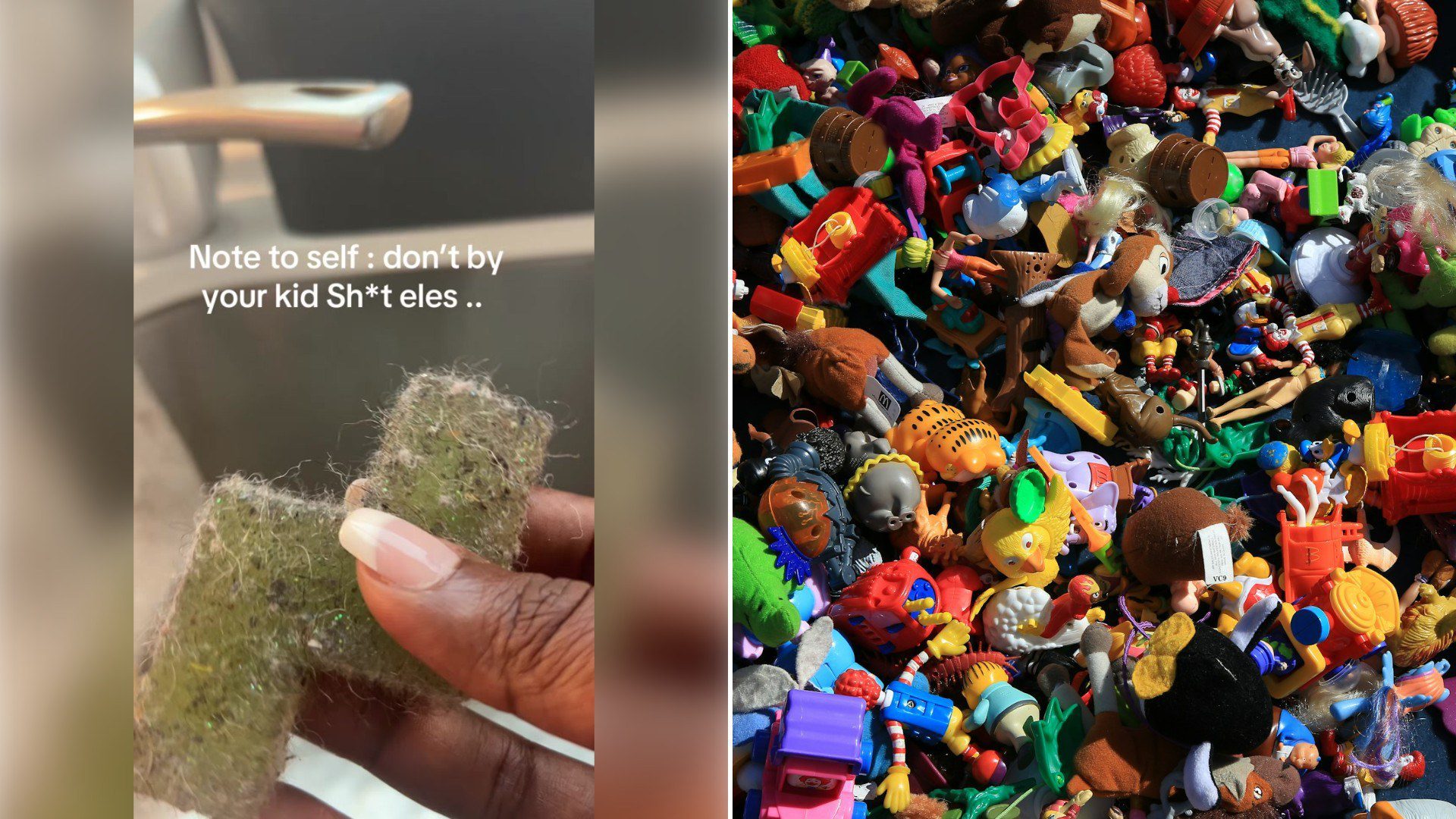 Left: TikTok still of a hand holding a stained scrubbing pad. Right: a pile of colorful plastic toys (Unsplash photo by Nareeta Martin).