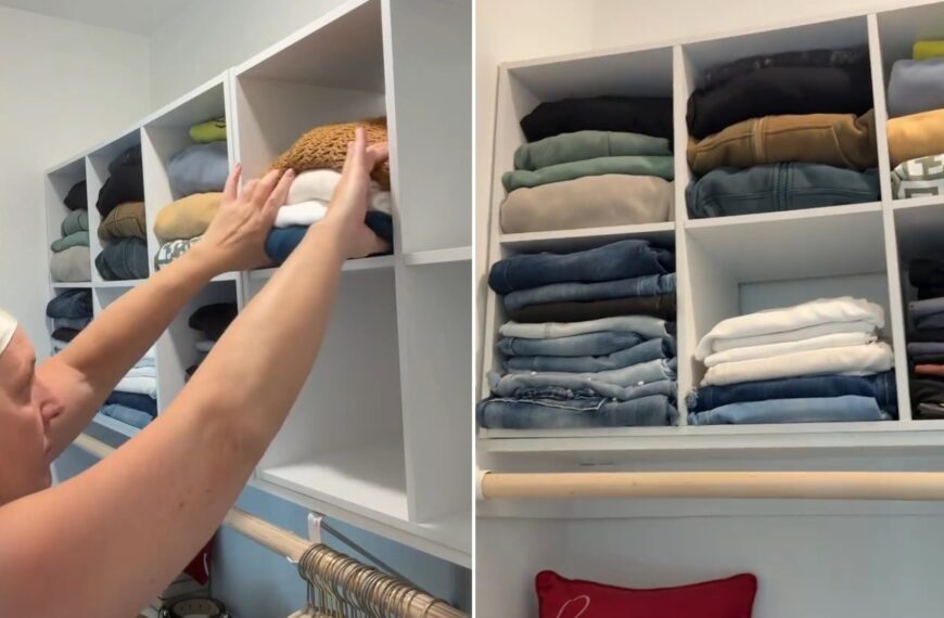 Two moments from an Instagram reel: organizing a closet with cube storage, then the finished shelves.