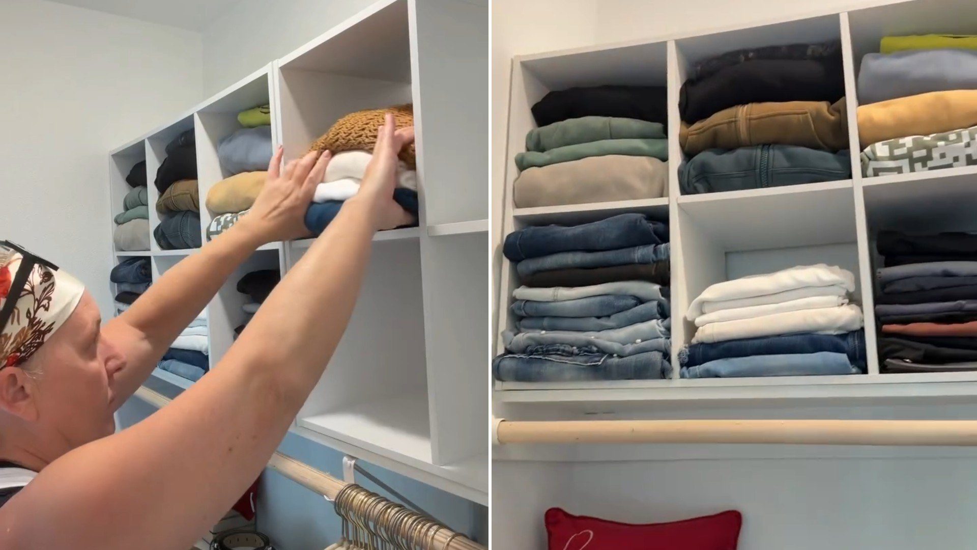Two moments from an Instagram reel: organizing a closet with cube storage, then the finished shelves.