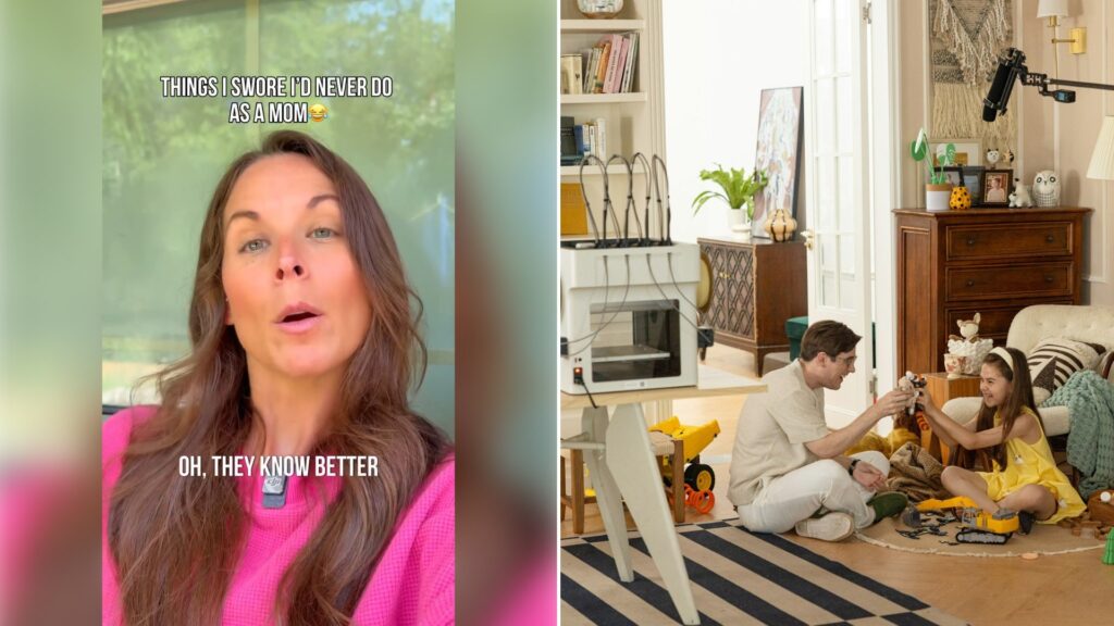 Left: Instagram reel still of a mom talking to the camera. Right: a father and daughter playing with toys (Unsplash photo by Snapmaker 3D Printer).