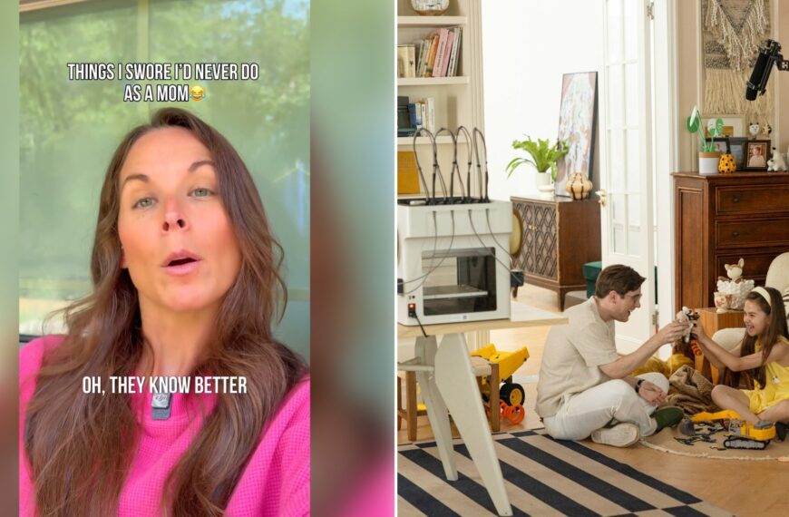 Left: Instagram reel still of a mom talking to the camera. Right: a father and daughter playing with toys (Unsplash photo by Snapmaker 3D Printer).