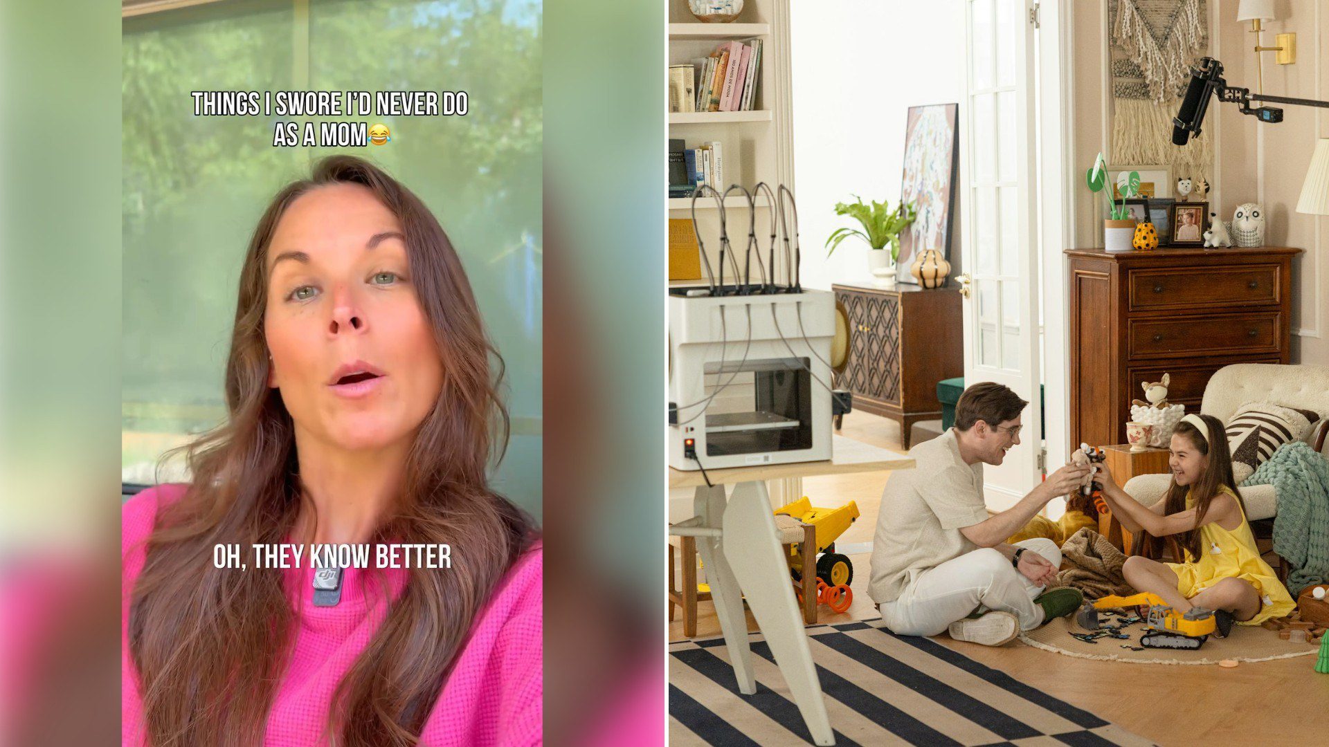 Left: Instagram reel still of a mom talking to the camera. Right: a father and daughter playing with toys (Unsplash photo by Snapmaker 3D Printer).