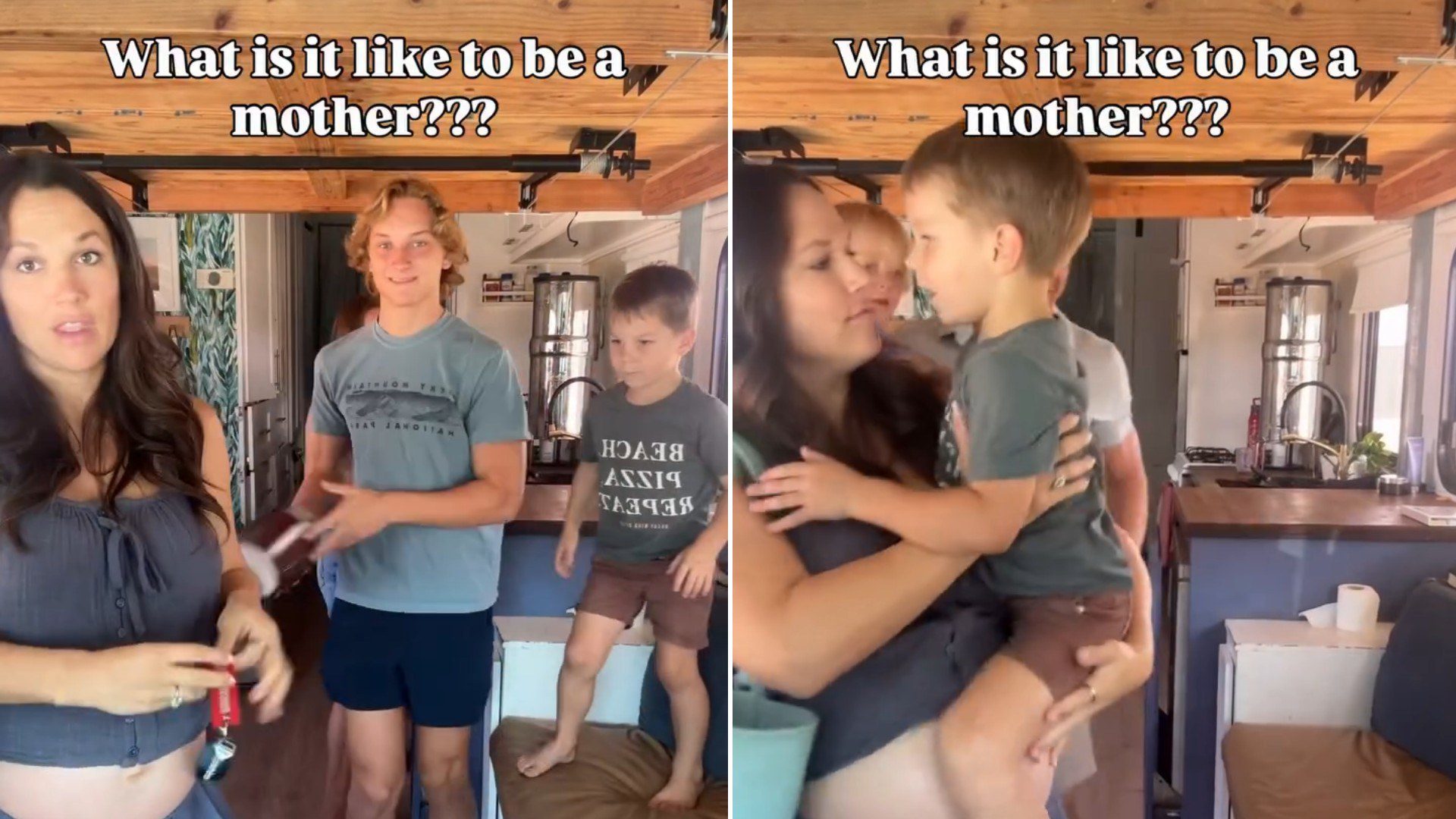 Two moments from an Instagram reel: a pregnant mother with her kids, then holding a child.