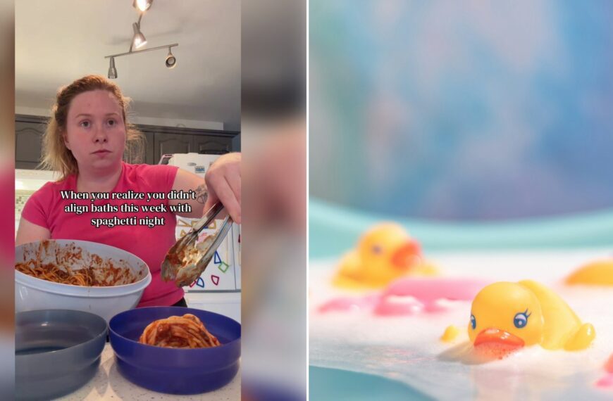 Left: TikTok still of a mom making spaghetti in her kitchen. Right: rubber ducks in a bathtub (Unsplash photo by Thomas Despeyroux).