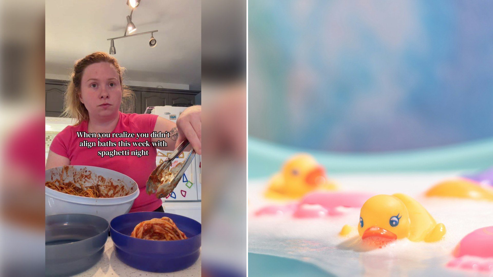 Left: TikTok still of a mom making spaghetti in her kitchen. Right: rubber ducks in a bathtub (Unsplash photo by Thomas Despeyroux).
