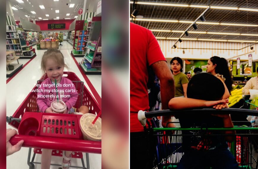 Left: TikTok still of a toddler riding in a Target cart. Right: a shopper pushing a cart through a store aisle (Unsplash photo by Adhitya Sibikumar).