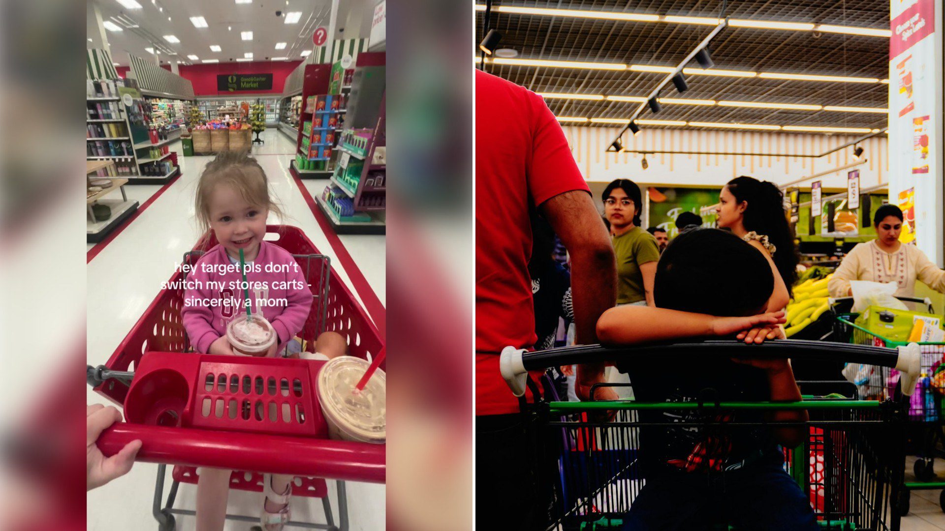 Left: TikTok still of a toddler riding in a Target cart. Right: a shopper pushing a cart through a store aisle (Unsplash photo by Adhitya Sibikumar).