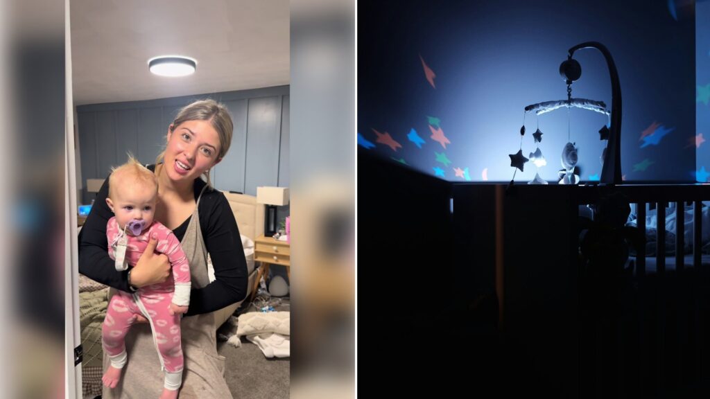 Left: TikTok still of a mother holding her baby in a bedroom during a nighttime routine. Right: a baby crib with a mobile at night (Unsplash photo by Bastien Jaillot).