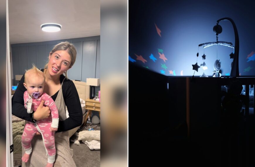 Left: TikTok still of a mother holding her baby in a bedroom during a nighttime routine. Right: a baby crib with a mobile at night (Unsplash photo by Bastien Jaillot).