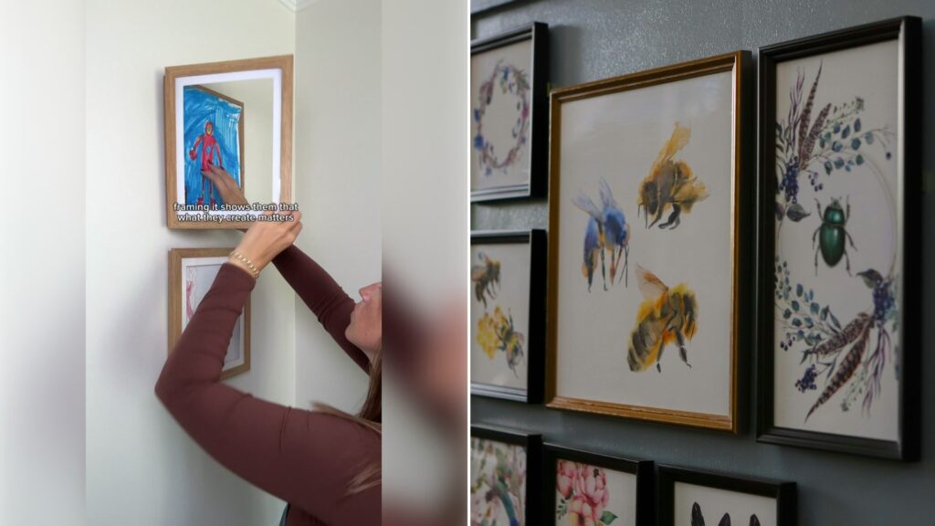 Left: TikTok still of a hand hanging a framed child's artwork on a wall. Right: framed artwork hanging on a wall (Unsplash photo by 150 Billi).