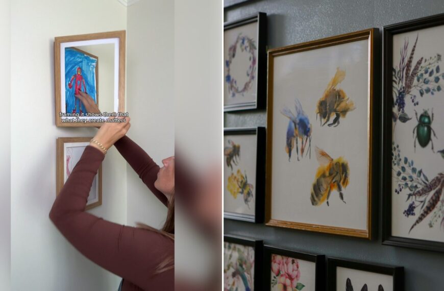 Left: TikTok still of a hand hanging a framed child's artwork on a wall. Right: framed artwork hanging on a wall (Unsplash photo by 150 Billi).
