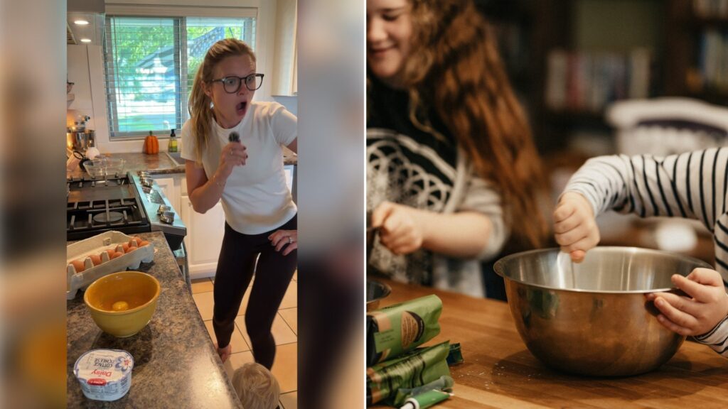 Left: TikTok still of a mother reacting in her kitchen. Right: a woman and child mixing in a bowl (Unsplash photo by Annie Spratt).