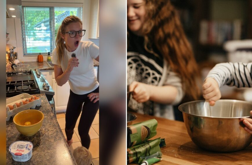 Left: TikTok still of a mother reacting in her kitchen. Right: a woman and child mixing in a bowl (Unsplash photo by Annie Spratt).